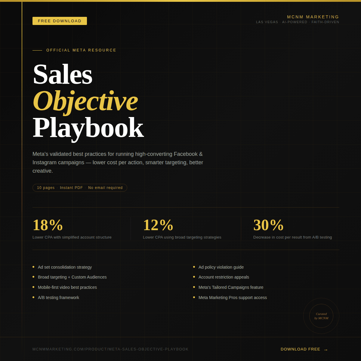 Front cover of the Meta Sales Objective Playbook for Facebook and Instagram Ads, featuring digital marketing strategy icons and the MCNM Marketing logo.